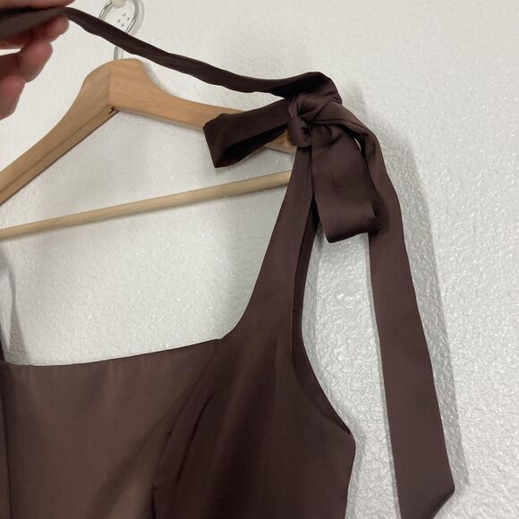 Birdy Grey Dress Womens Small Brown Satin Square Neck Tie Strap Maxi Bridesmaid - Picture 5 of 16
